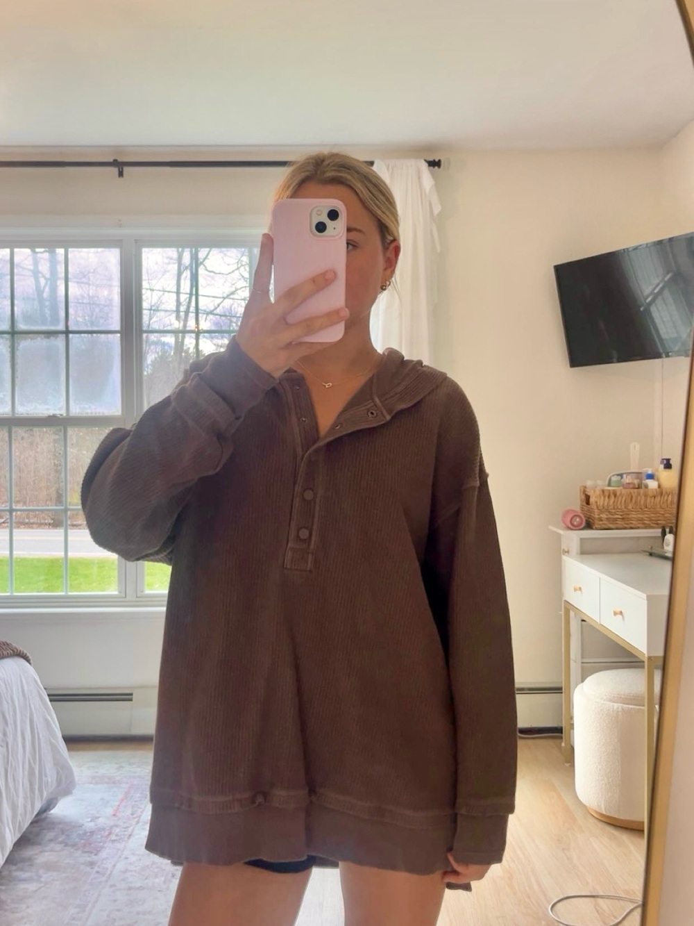 aerie Oversized Hooded Waffle Henley Pullover - Brown